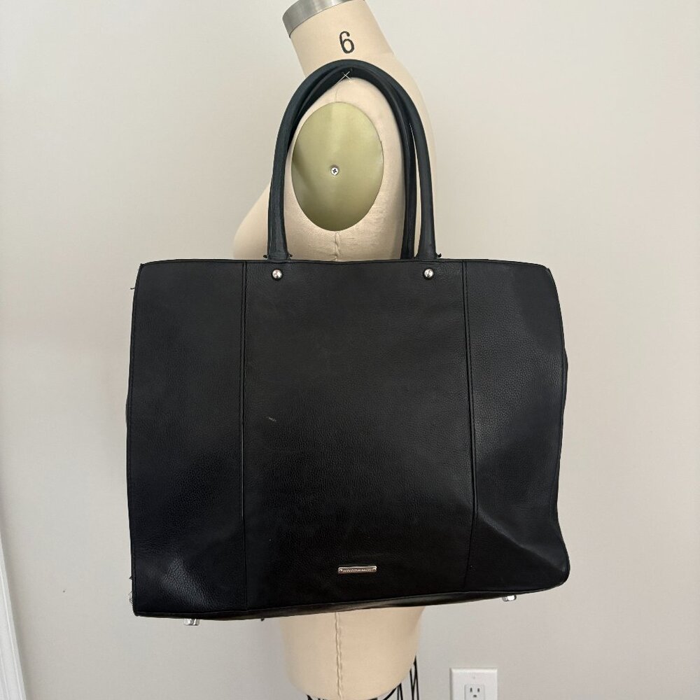 Rebecca Minkoff MAB Black Leather Front Pocket Double Handle Minimalist Tote Bag